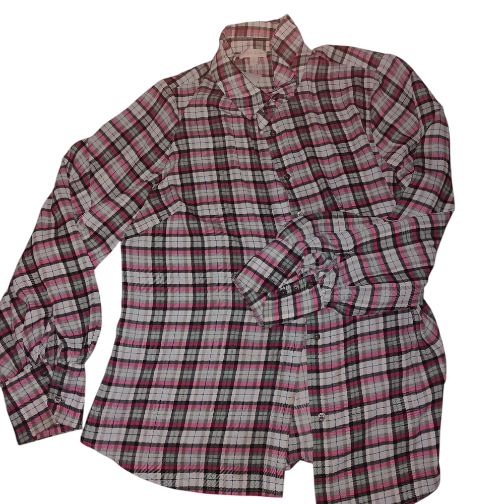 New Riley Rae Women's Chiffon Plaid Button-Up Shirt - Pink/Gray Large. NO BOW